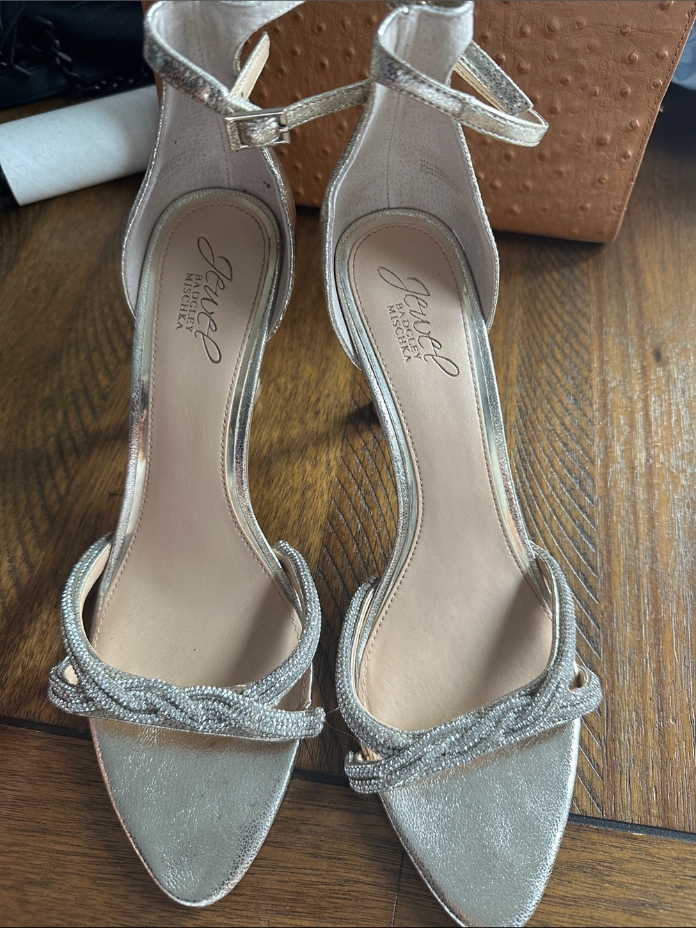 Jewel Badgley Mischka Metallic Gold Beaded Ankle-Strap Heels